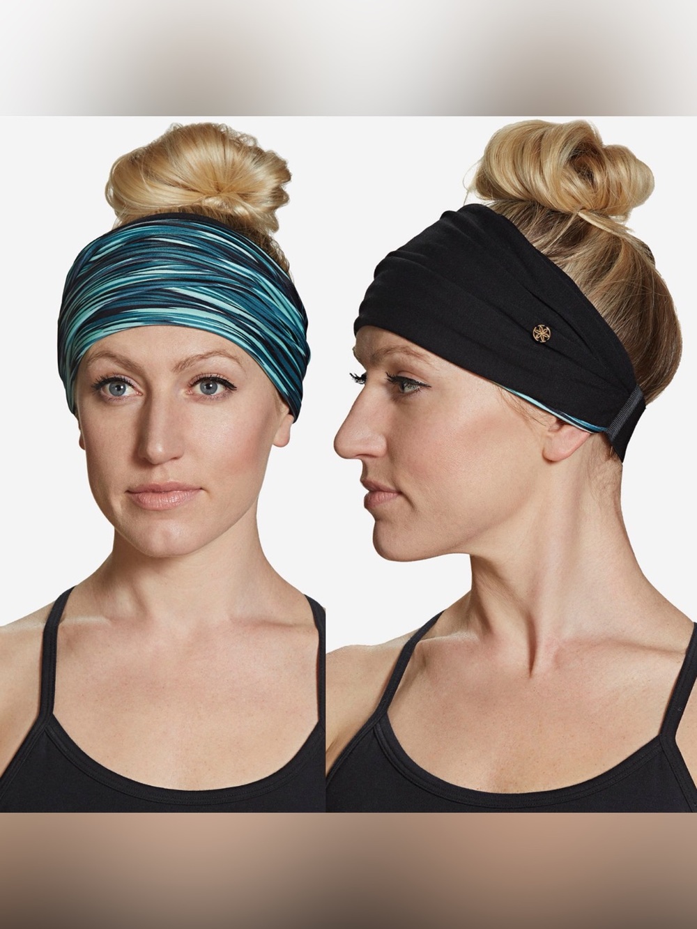 GAIAM Reversible Striped Teal and Black 7” Wide Headband w/Stay put design! NWT